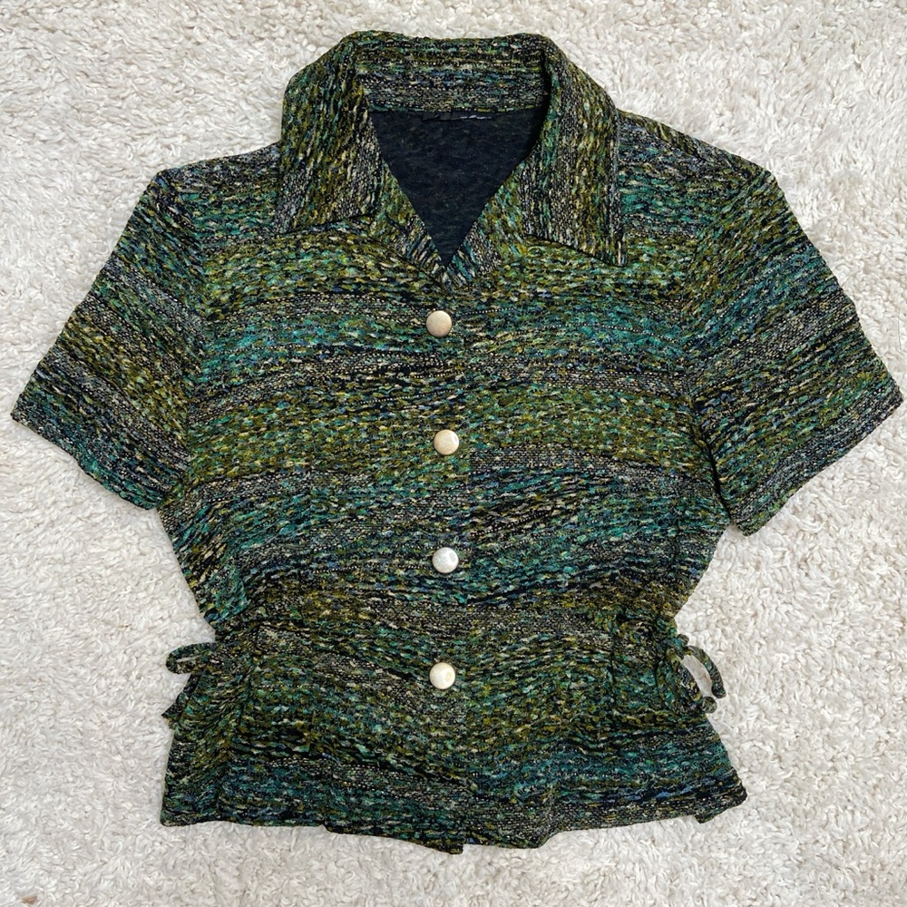 Vintage mossy green and gold dot collared button up blouse with side ties S-M